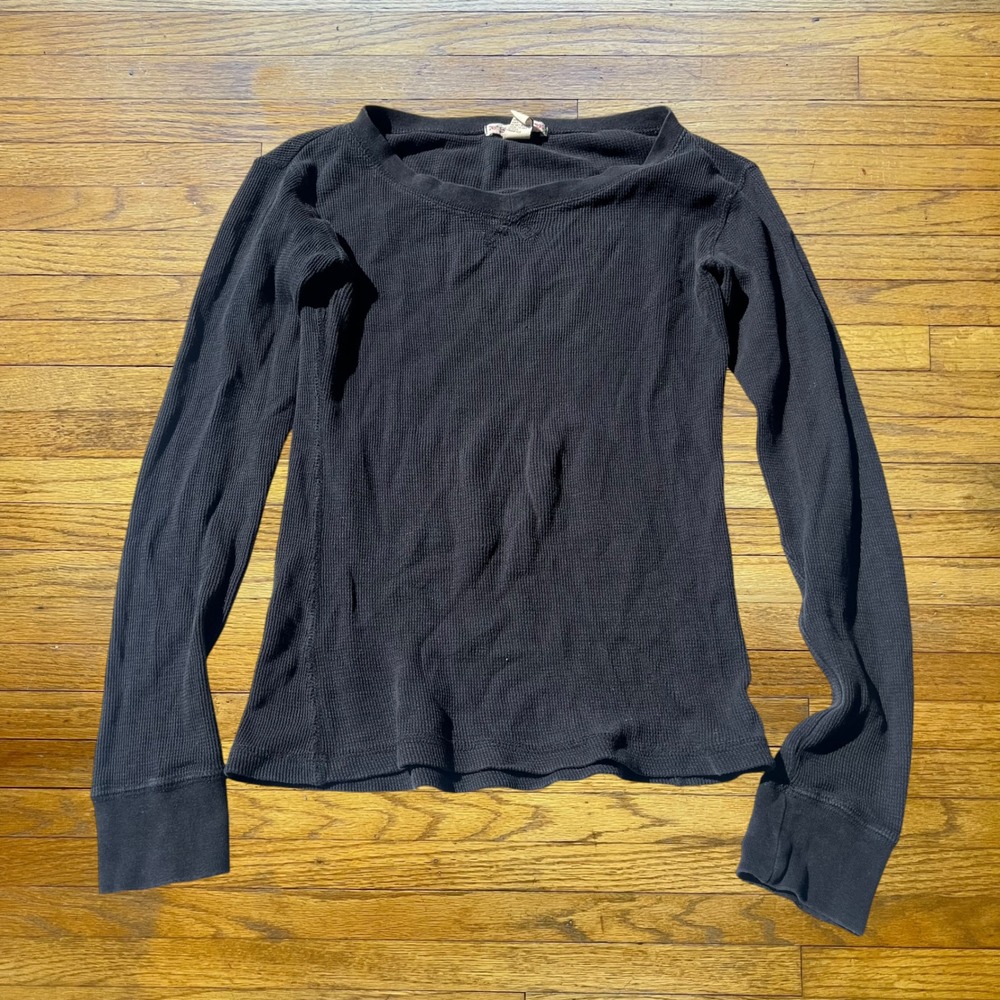 Forever 21 Women Black Waffle Knit Thermal Long Sleeve Top Small A402T-TL16